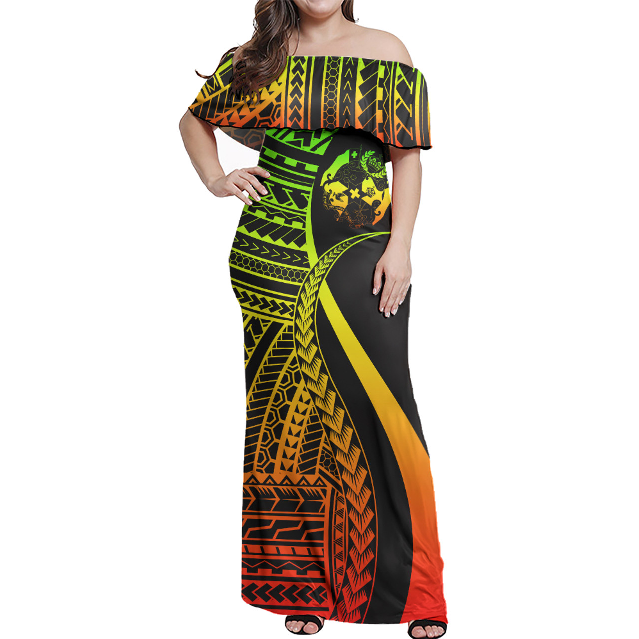 Tonga Custom Personalised Woman Off Shoulder Long Dress Polynesian Tentacle Tribal Pattern