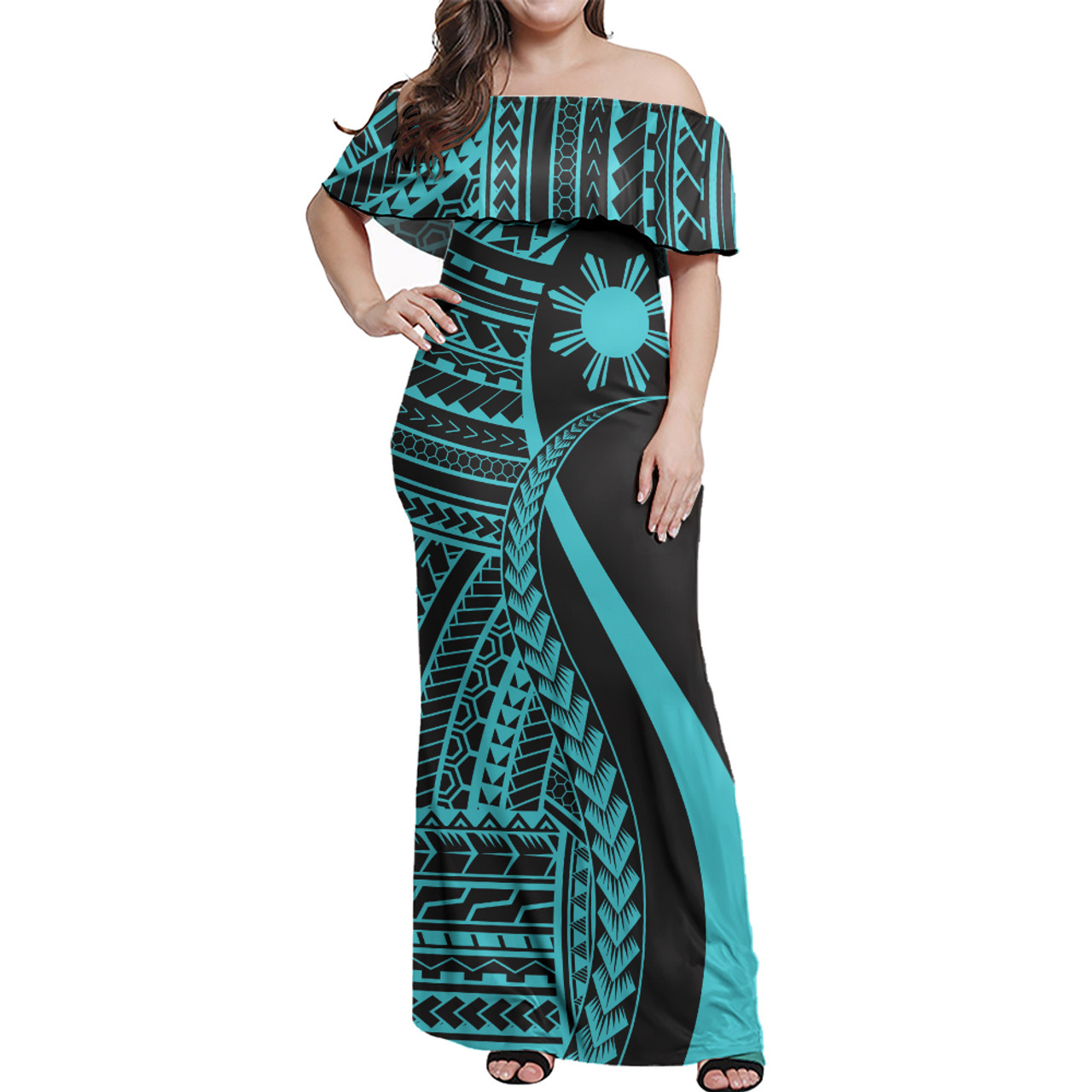 Philippines Filipinos Custom Personalised Woman Off Shoulder Long Dress Polynesian Tentacle Tribal Pattern