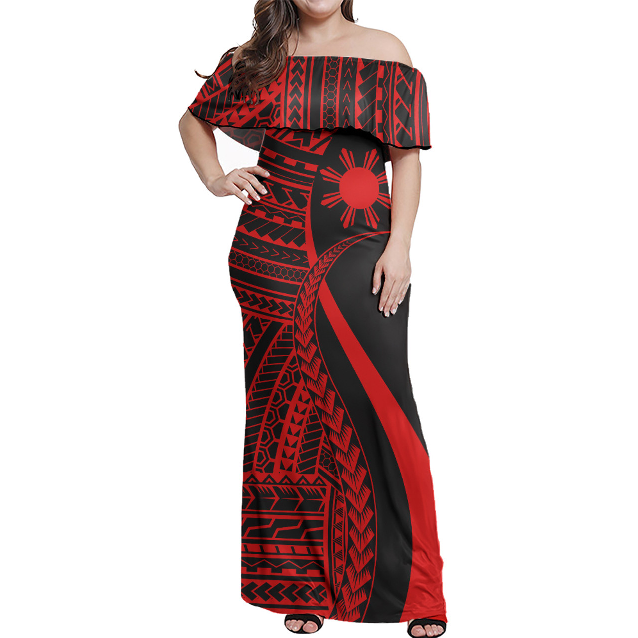 Philippines Filipinos Custom Personalised Woman Off Shoulder Long Dress Polynesian Tentacle Tribal Pattern