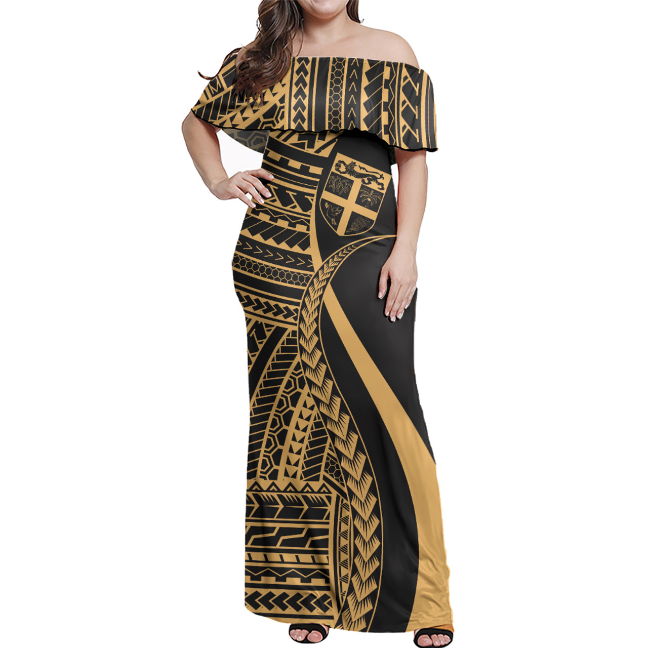 Fiji Custom Personalised Woman Off Shoulder Long Dress Polynesian Tentacle Tribal Pattern