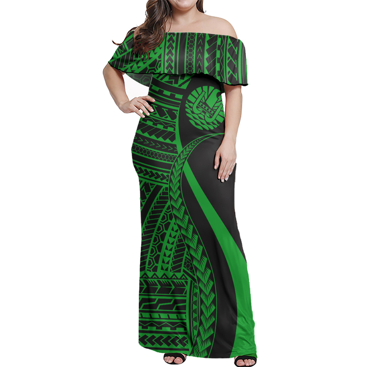 Tahiti Custom Personalised Woman Off Shoulder Long Dress Polynesian Tentacle Tribal Pattern