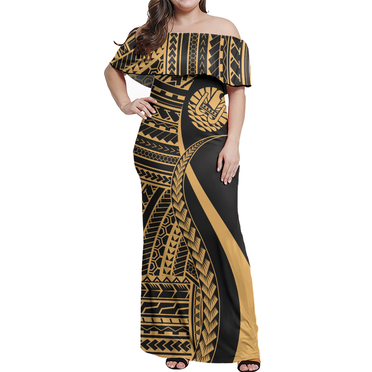 Tahiti Custom Personalised Woman Off Shoulder Long Dress Polynesian Tentacle Tribal Pattern