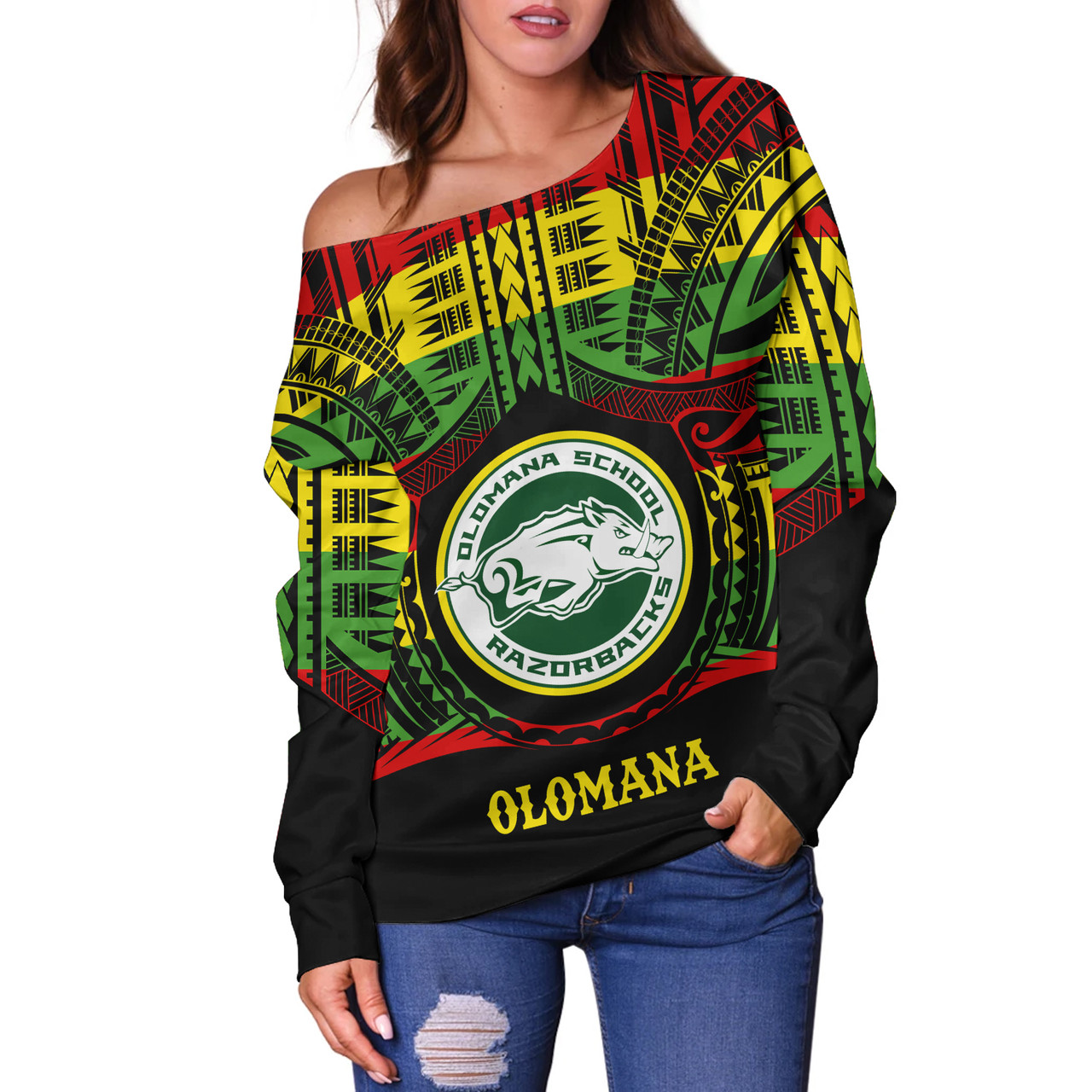 Hawaii Off Shoulder Sweatshirt Olomana High School Reggae Color Polynesian