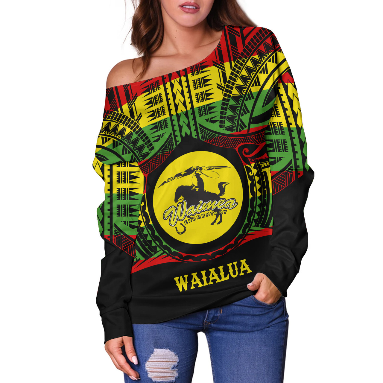 Hawaii Off Shoulder Sweatshirt Waimea Elementary School Reggae Color Polynesian