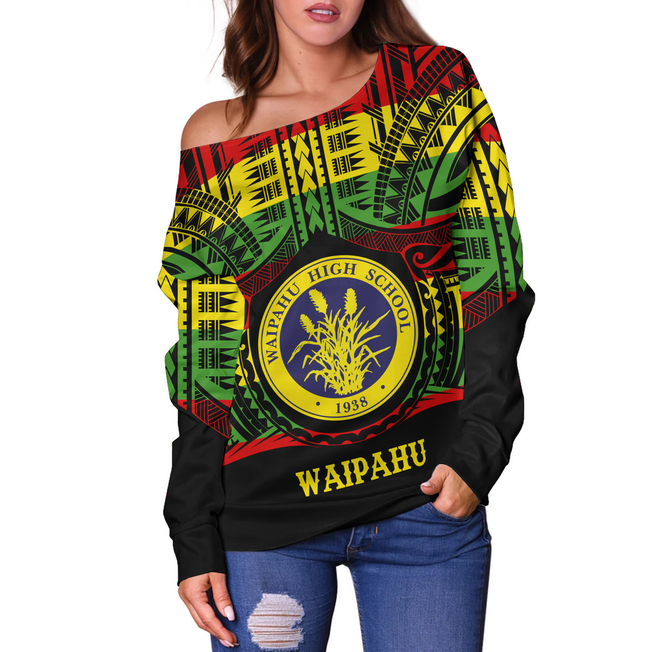 Hawaii Off Shoulder Sweatshirt Waipahu High School Reggae Color Polynesian