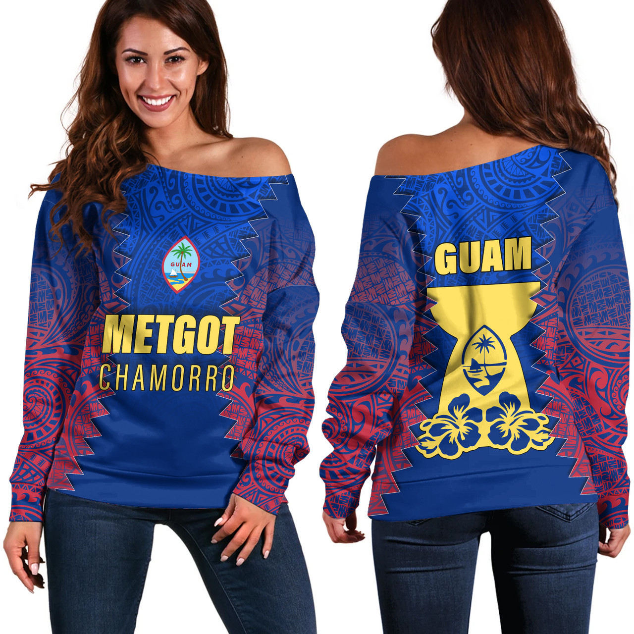 Guam Off Shoulder Sweatshirt Metgot Chamorro Latte Stone Guam Polynesian