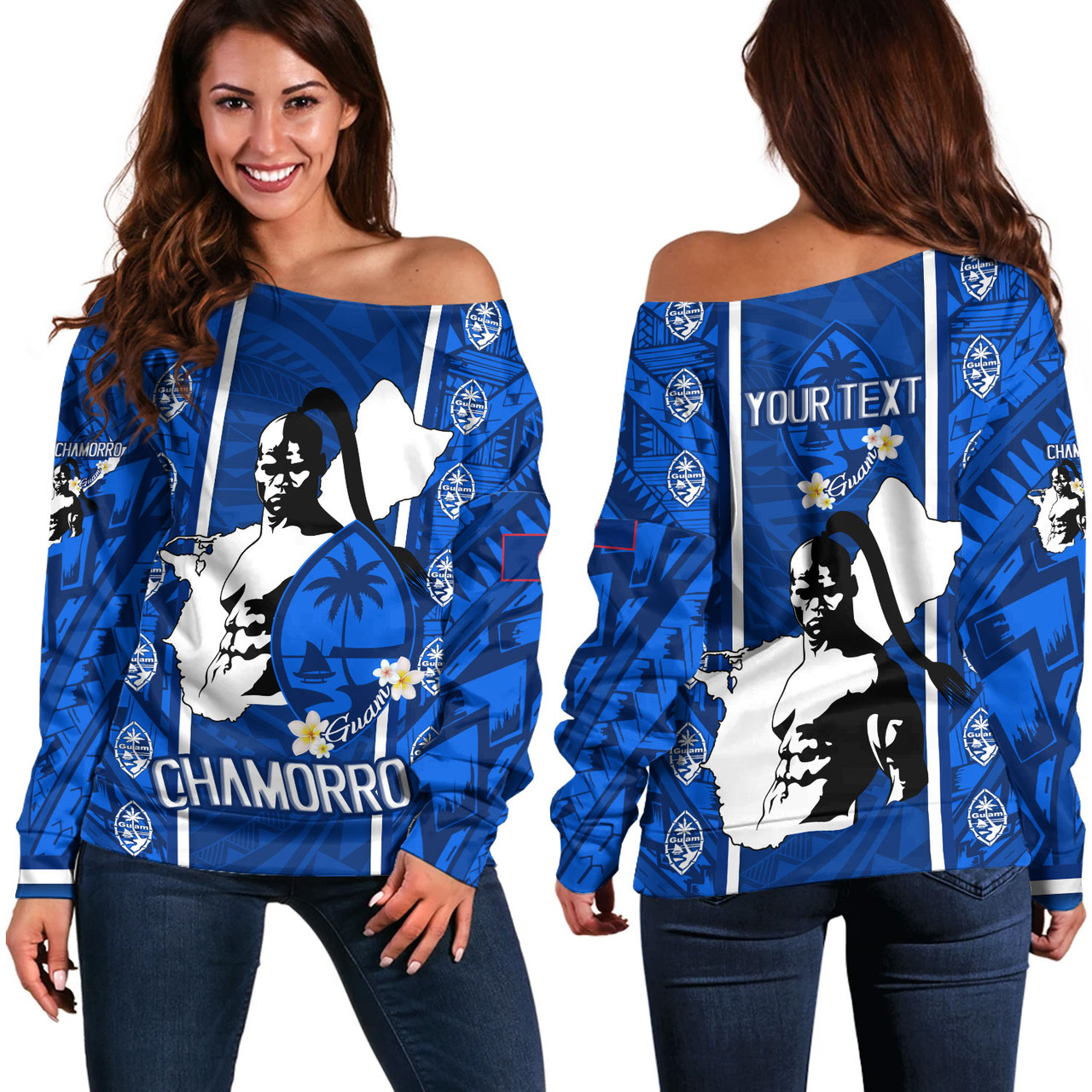 Guam Custom Personalised Off Shoulder Sweatshirt Chamorro Warrior Traditional Tribal Patterns