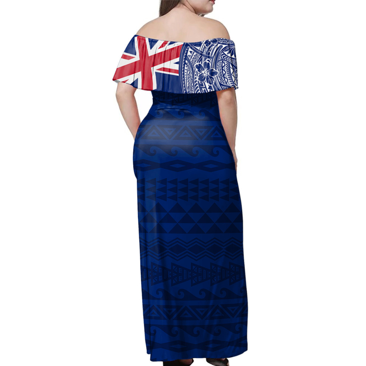 Cook Islands Woman Off Shoulder Long Dress Polynesian Flag With Coat Of Arms