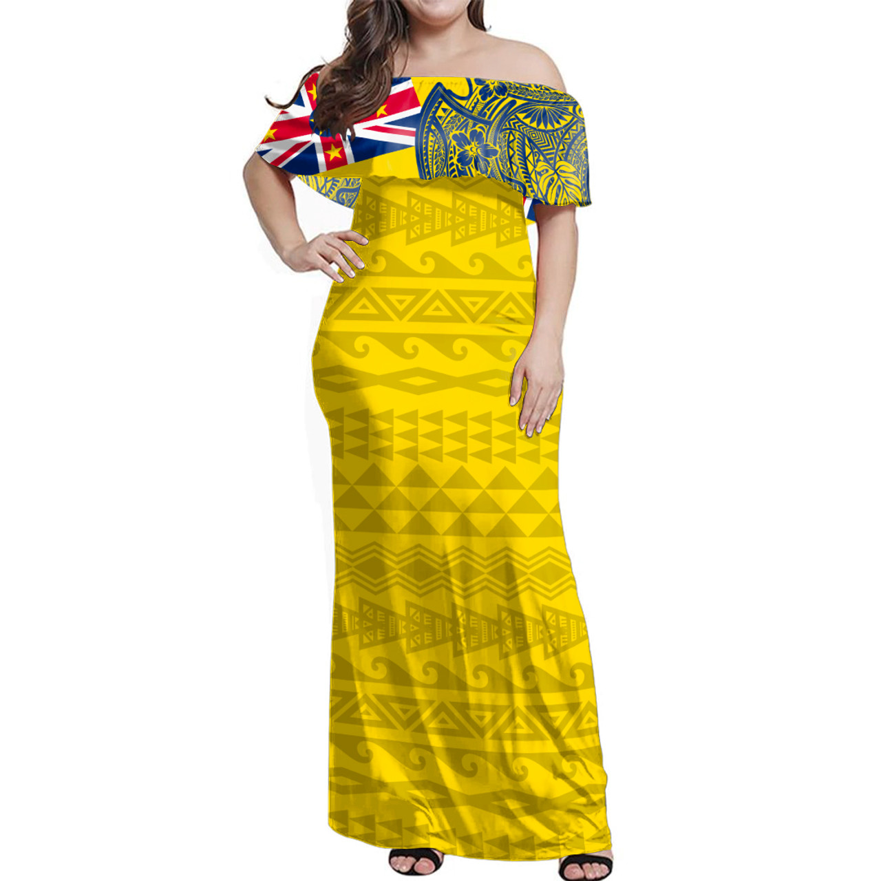 Niue Woman Off Shoulder Long Dress Polynesian Flag With Coat Of Arms