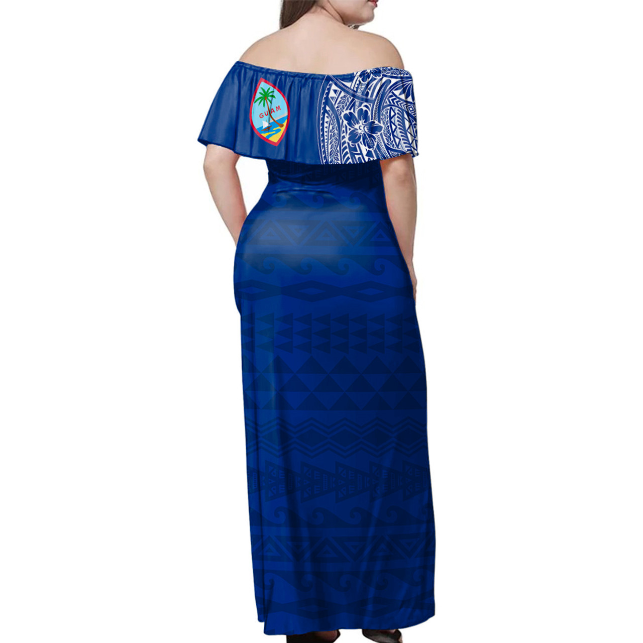 Guam Woman Off Shoulder Long Dress Polynesian Flag With Coat Of Arms