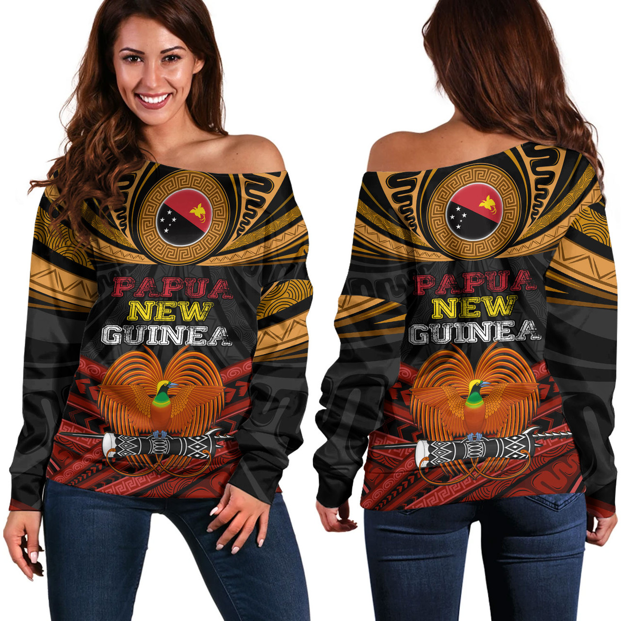 Papua New Guinea Custom Personalised Off Shoulder Sweatshirt Papua New Guinea Fabric Pattern Design