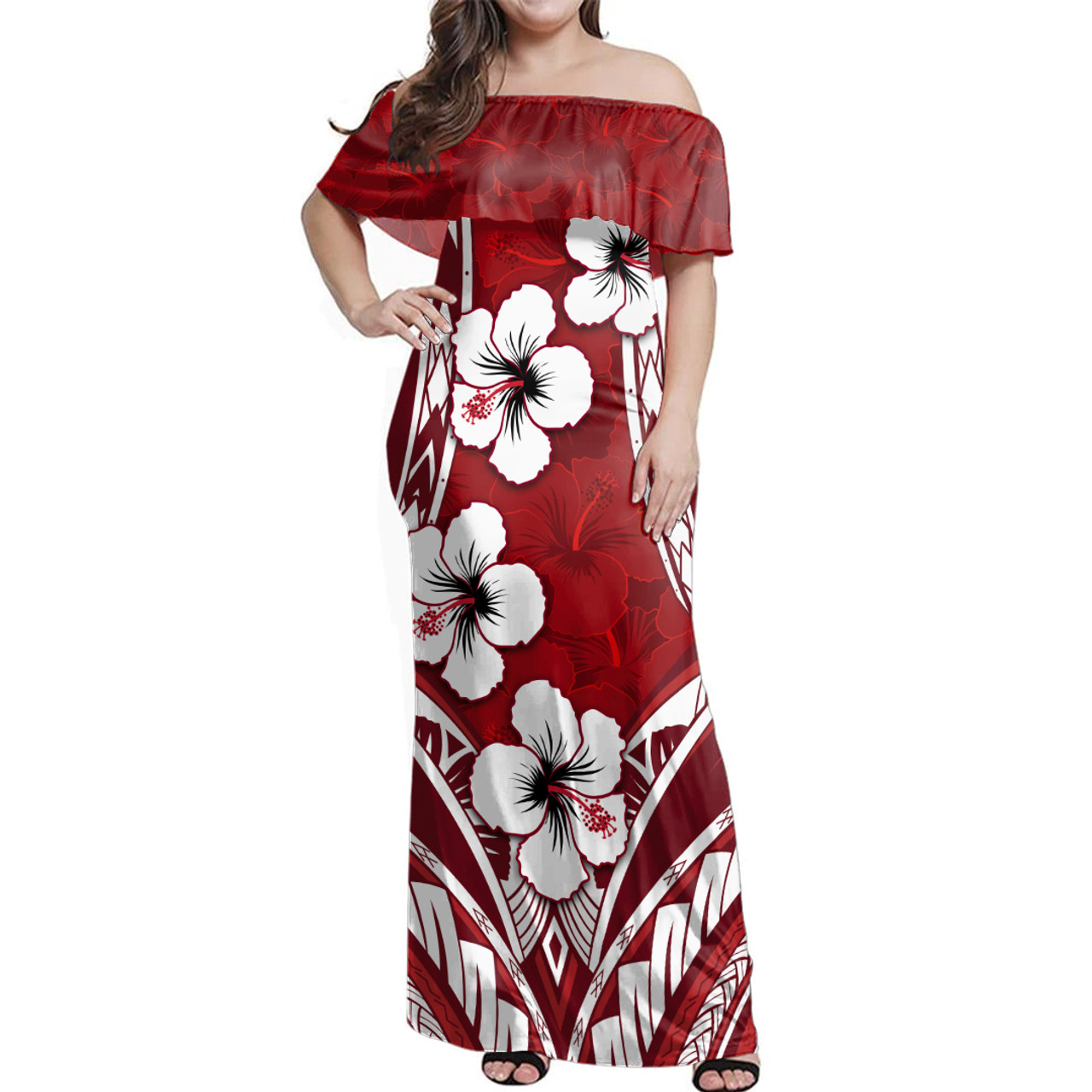 Fiji Woman Off Shoulder Long Dress Hibiscus Patterns Red