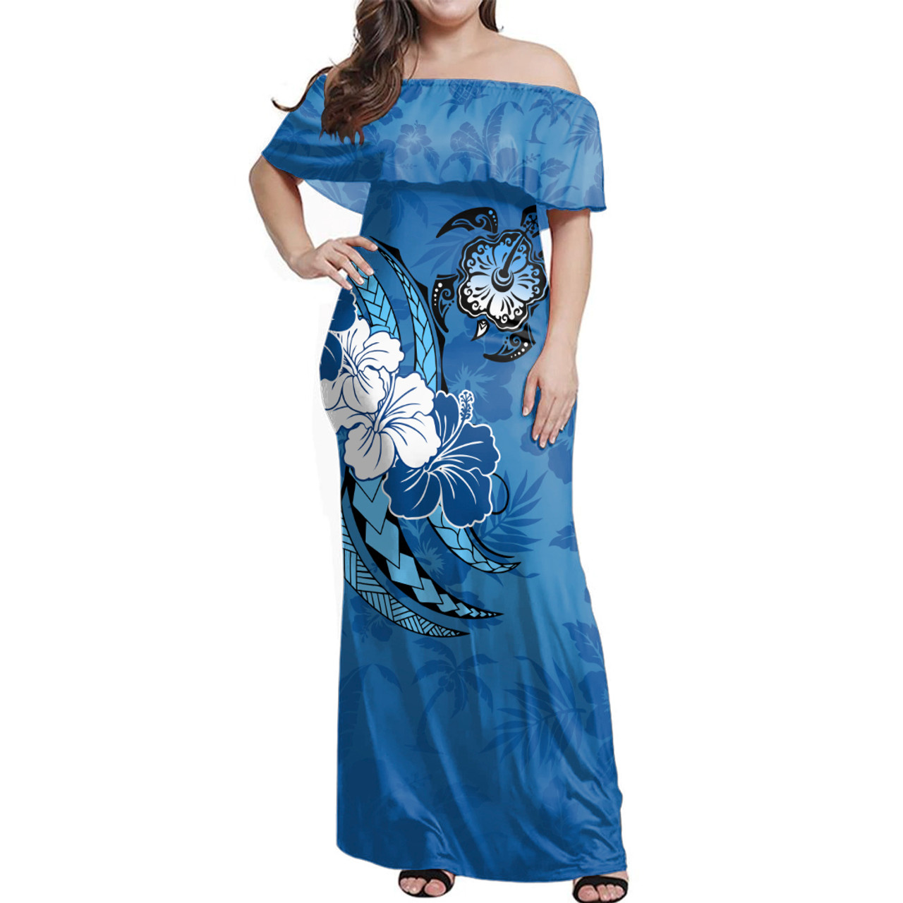 Hawaii Woman Off Shoulder Long Dress Polynesian Hibiscus