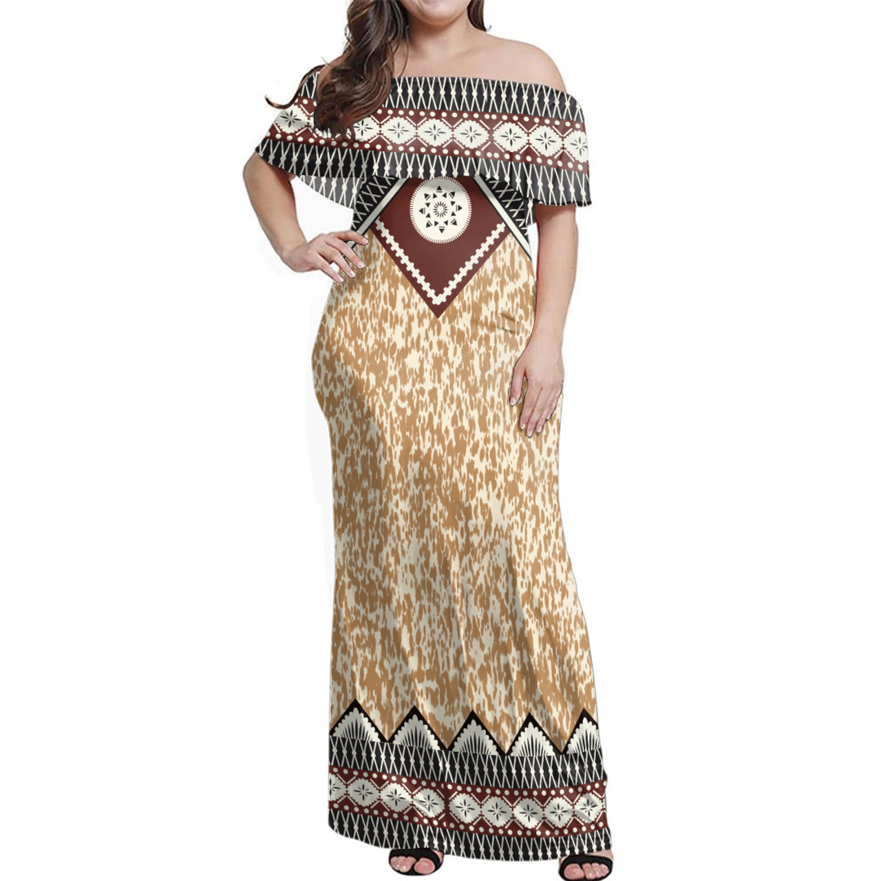 Fiji Woman Off Shoulder Long Dress Pattern Tapa Clothes