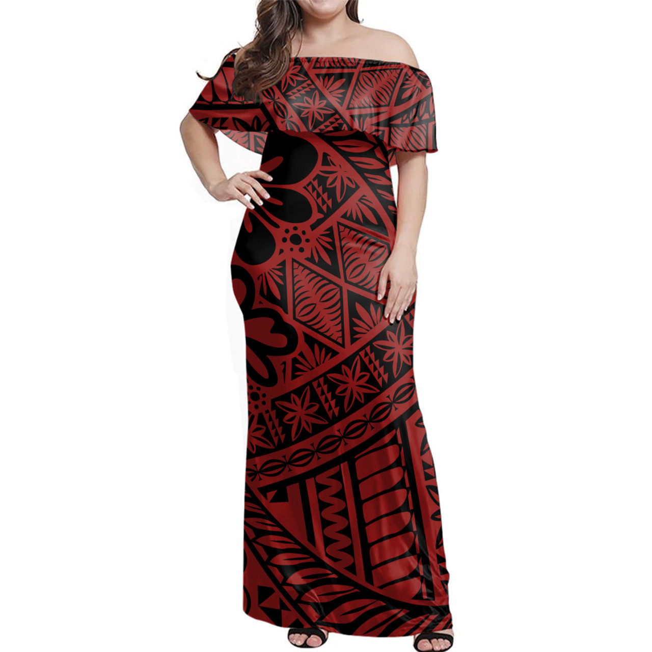 Tonga Woman Off Shoulder Long Dress Kupesi Ngatu