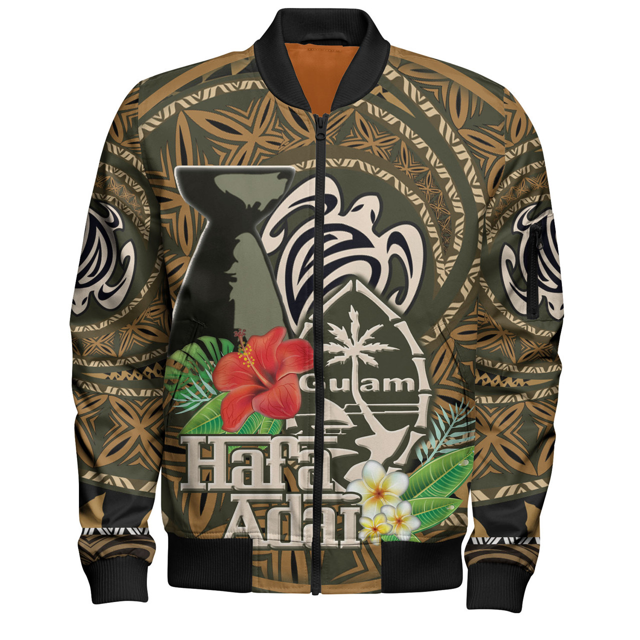 Guam Custom Personalised Bomber Jacket Hafa Adai Seal Flower Tropical Retro Style