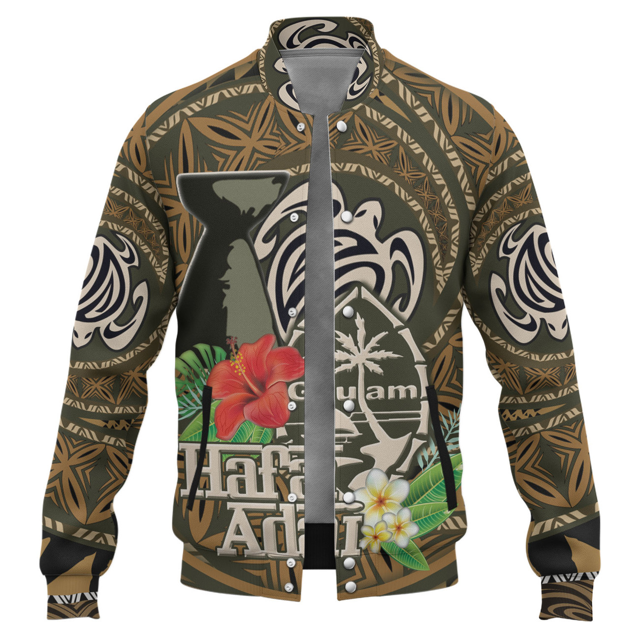 Guam Custom Personalised Baseball Jacket Hafa Adai Seal Flower Tropical Retro Style