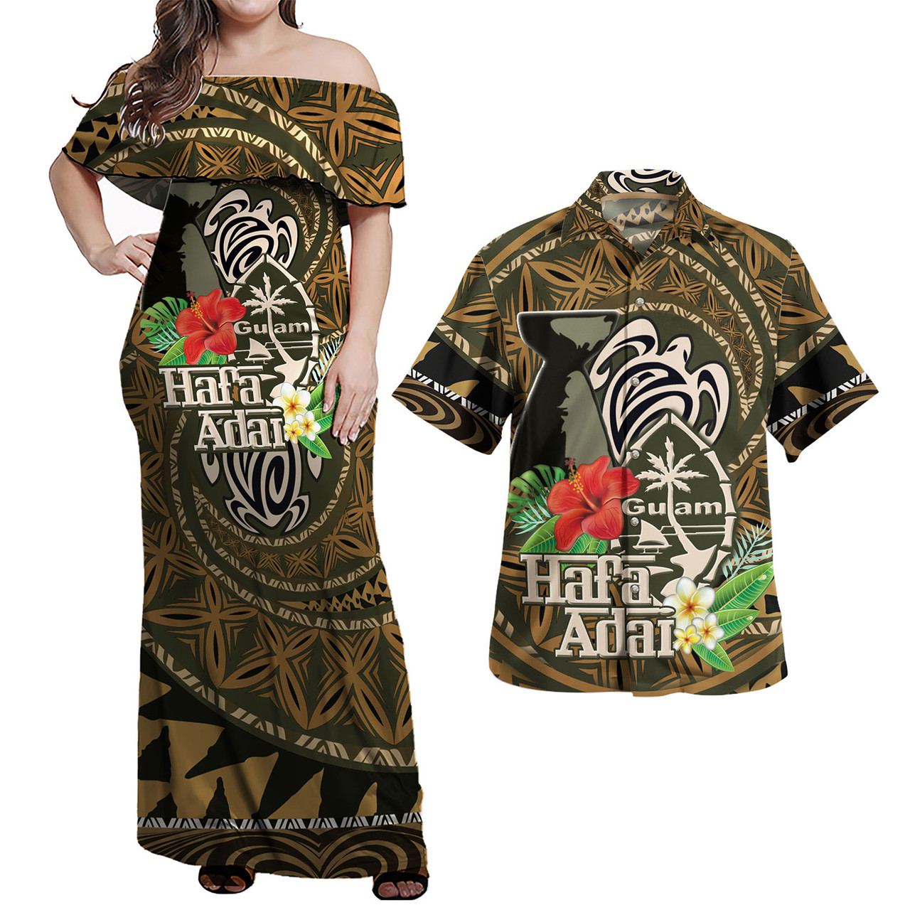 Guam Combo Dress And Shirt - Hafa Adai Seal Flower Tropical Retro Style