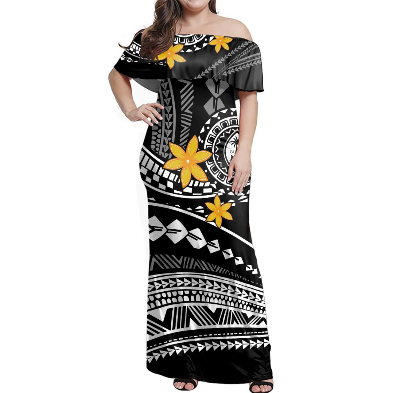 Guam Woman Off Shoulder Long Dress Tribal Plumeria