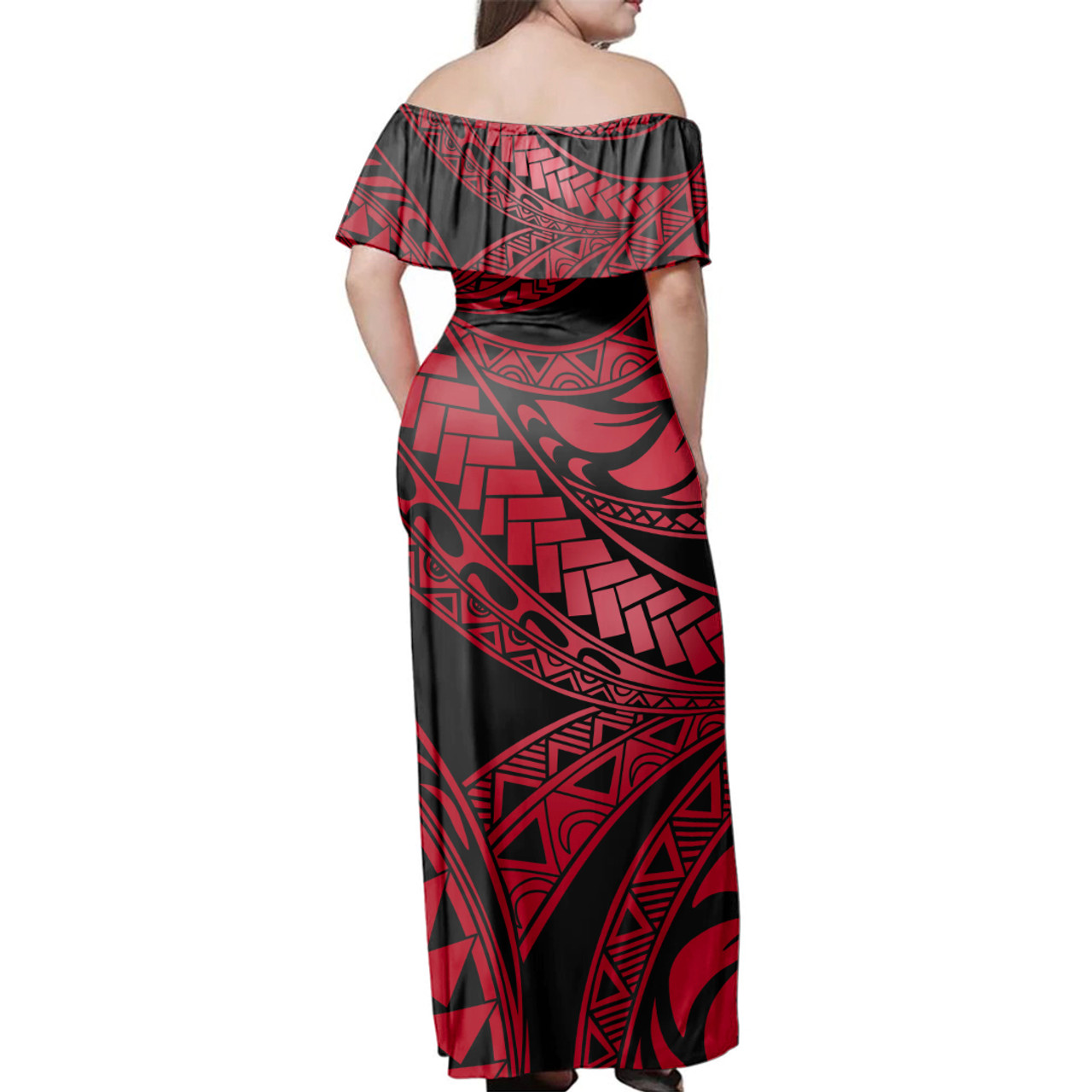 Polynesian Woman Off Shoulder Long Dress Tribal Red Ali Style