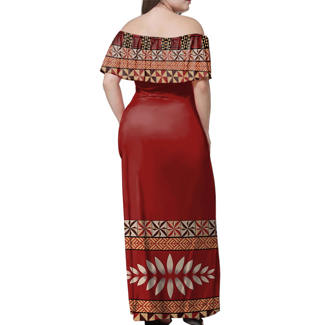 Tonga Woman Off Shoulder Long Dress Ngatu Design Pattern