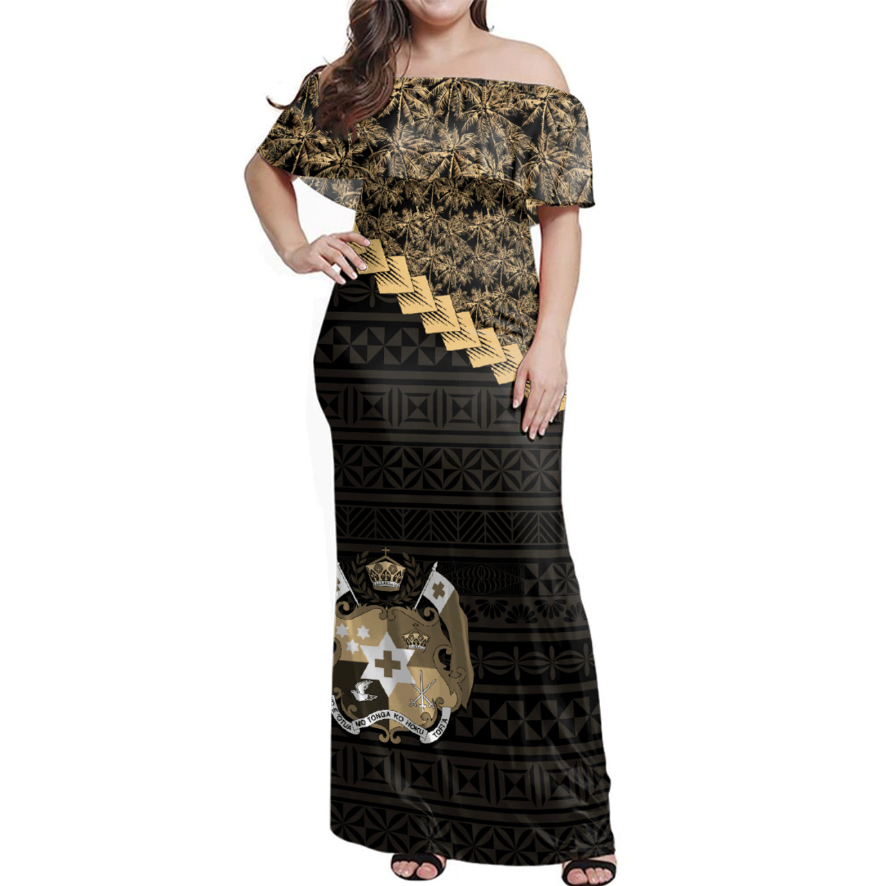 Tonga Woman Off Shoulder Long Dress Golden Coconuts