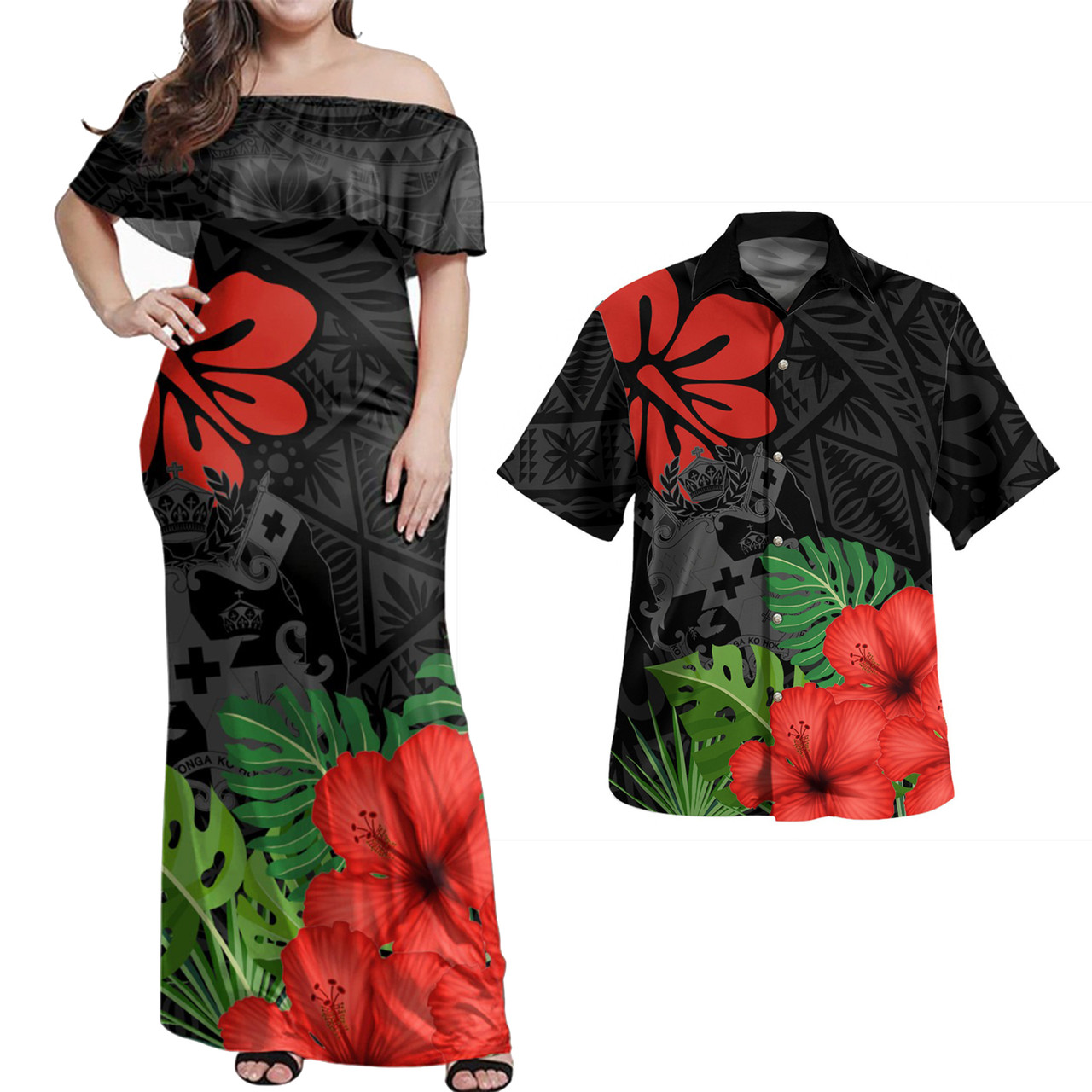Tonga Combo Dress And Shirt Coat Of Arms Polynesian Hibiscus