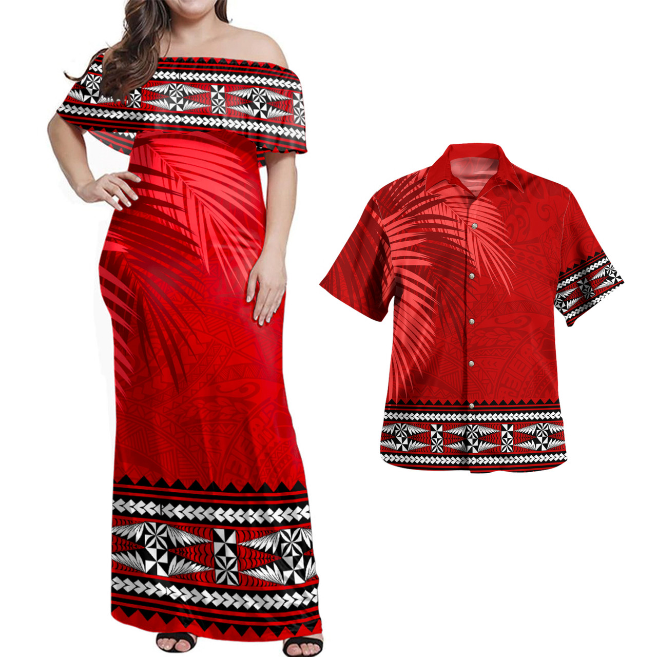 Tonga Combo Dress And Shirt Ngatu Fabric Leaves