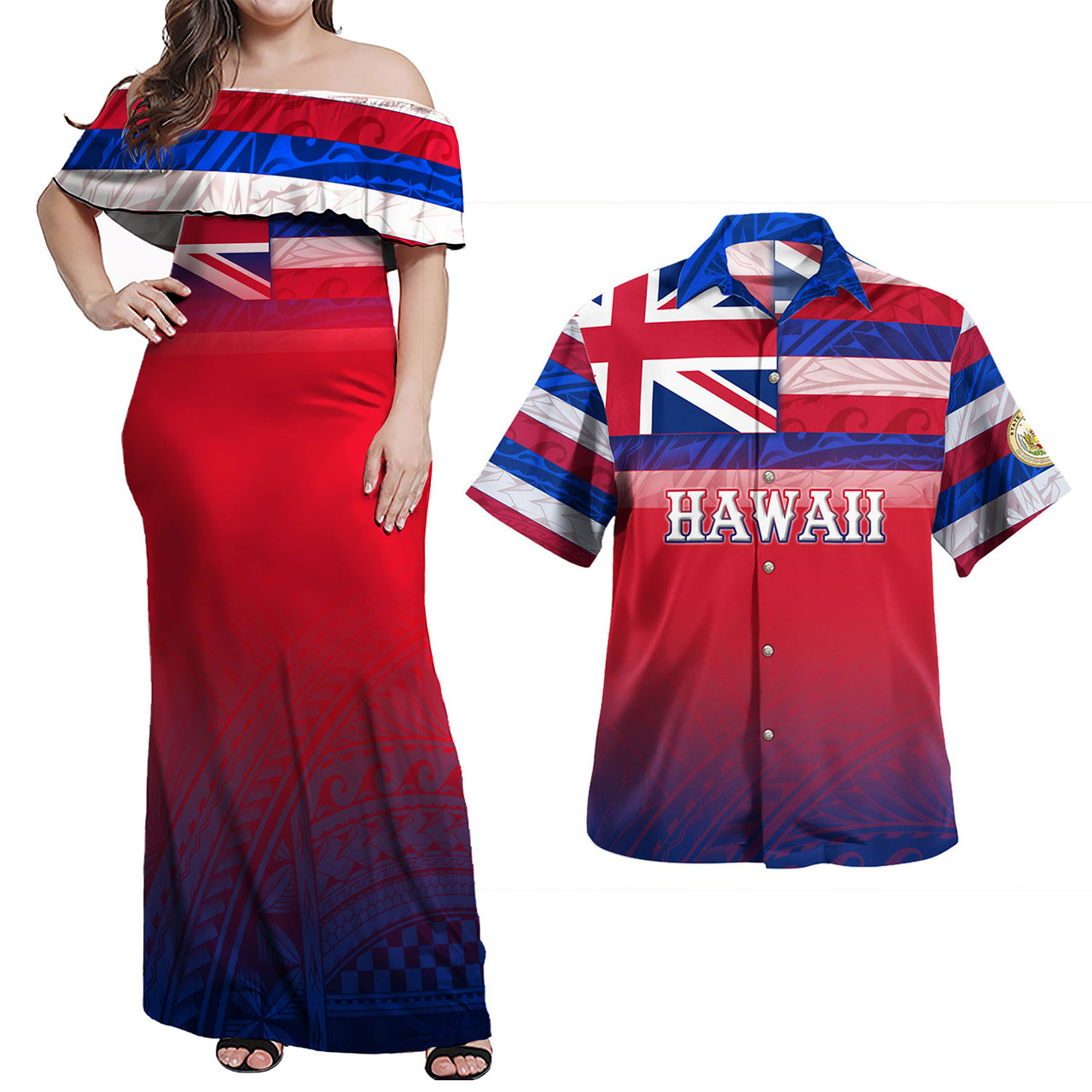 Hawaii Combo Dress And Shirt Flag Color With Traditional Patterns