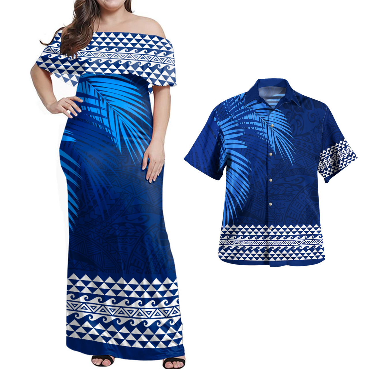 Hawaii Combo Dress And Shirt Polynesian Fabric Leaves