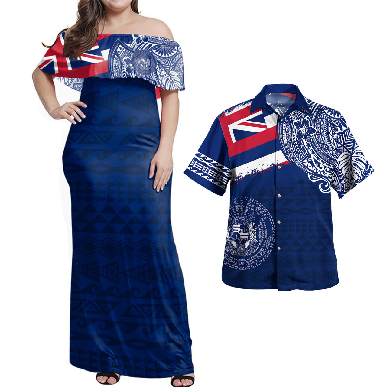 Hawaii Combo Dress And Shirt Polynesian Flag With Coat Of Arms