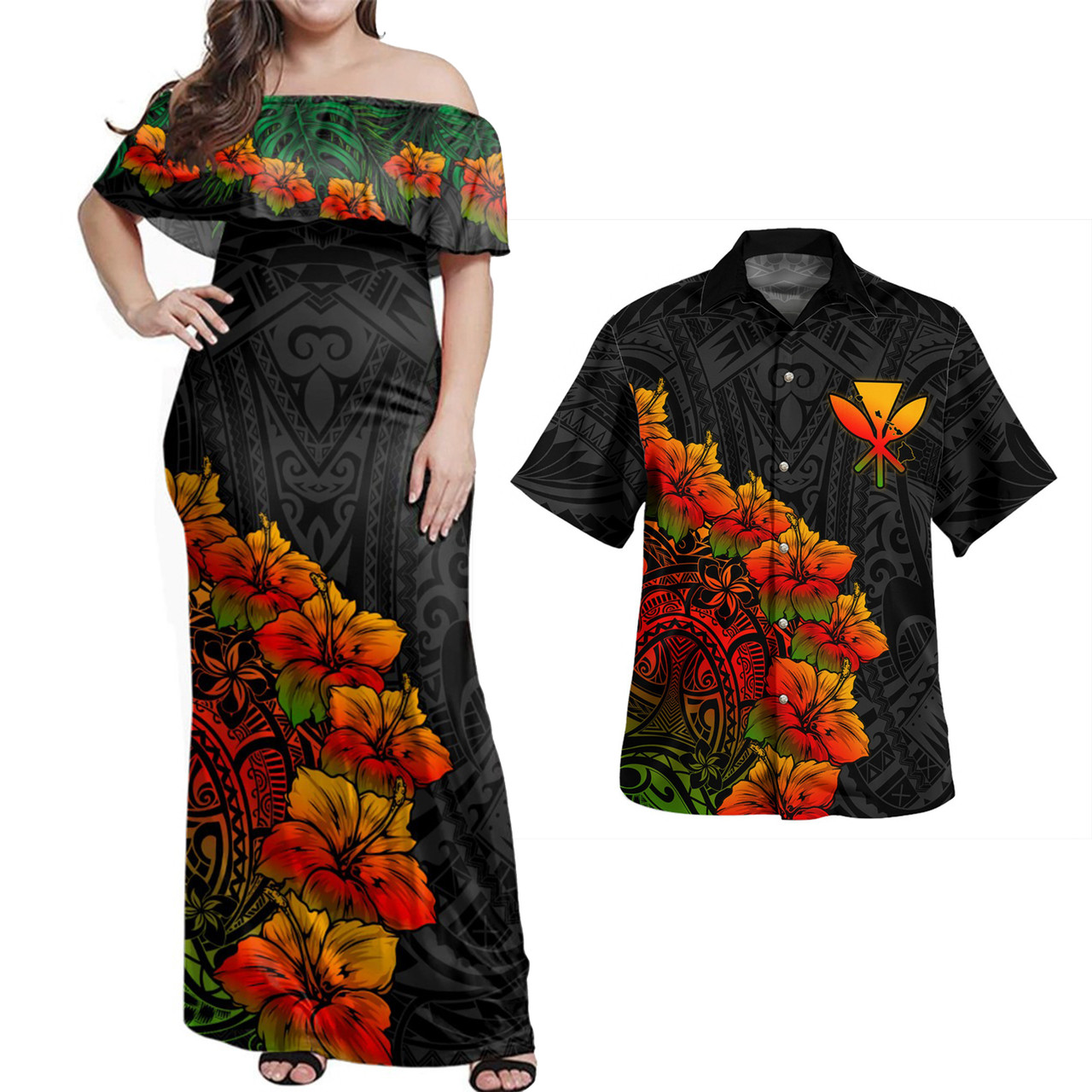 Hawaii Combo Dress And Shirt Kanaka Map Style Tropical