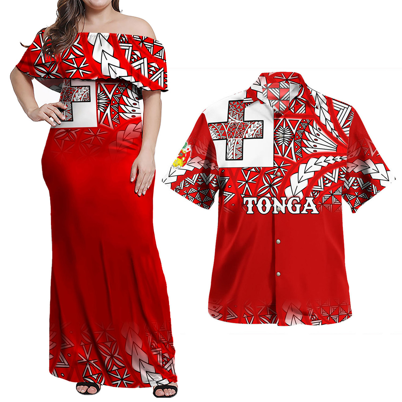 Tonga Combo Dress And Shirt Flag Color With Traditional Patterns