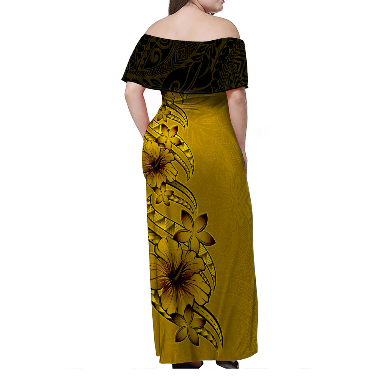 Polynesian Tribal Patterns Hibiscus And Plumeria Flowers Off Shoulder Long Dresses