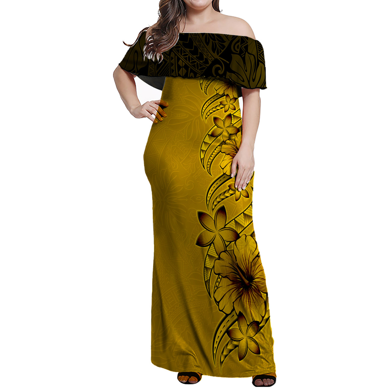 Polynesian Tribal Patterns Hibiscus And Plumeria Flowers Off Shoulder Long Dresses