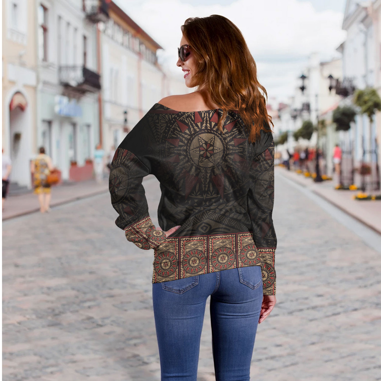 Fiji Off Shoulder Sweatshirt Fijian Masi Tapa Patterns