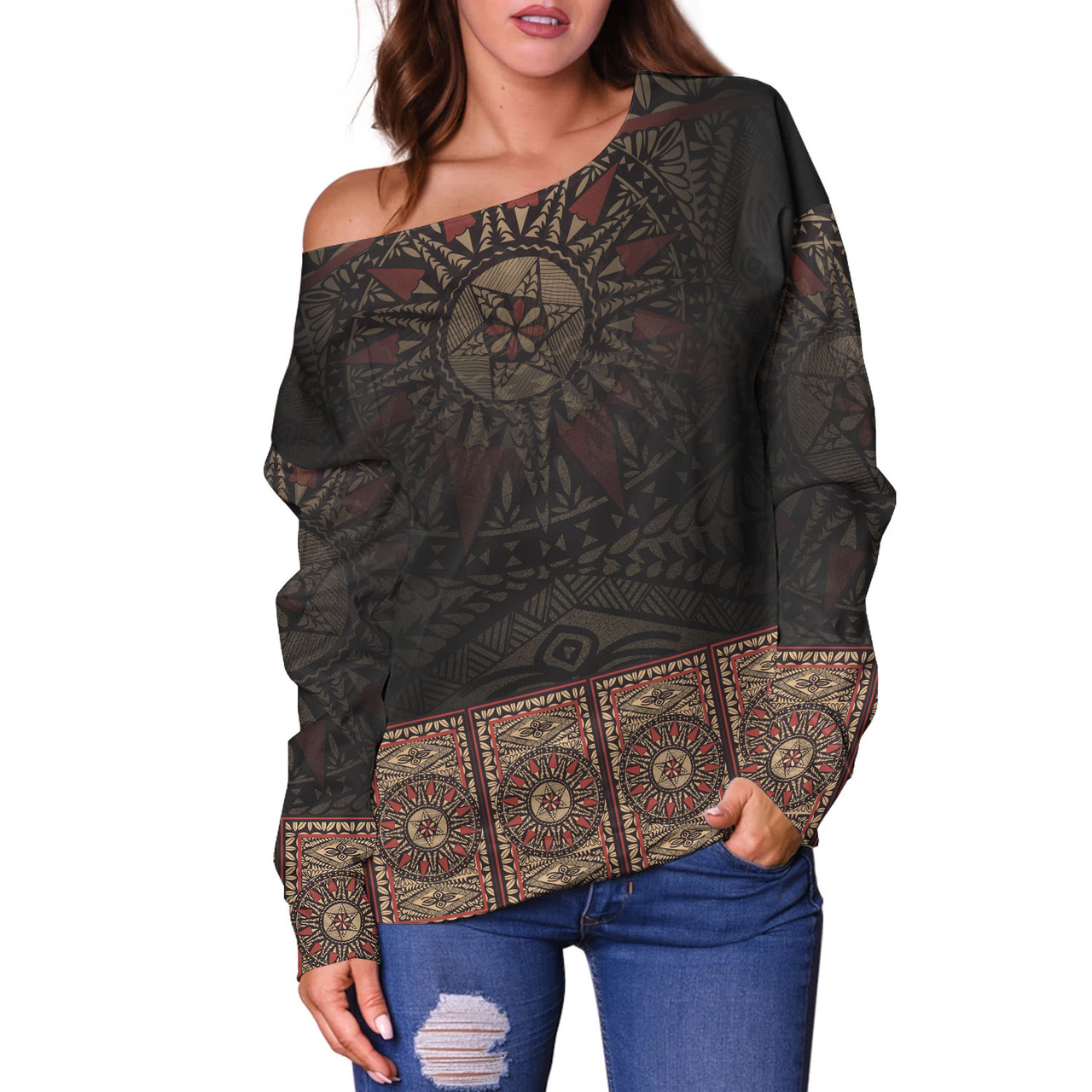 Fiji Off Shoulder Sweatshirt Fijian Masi Tapa Patterns