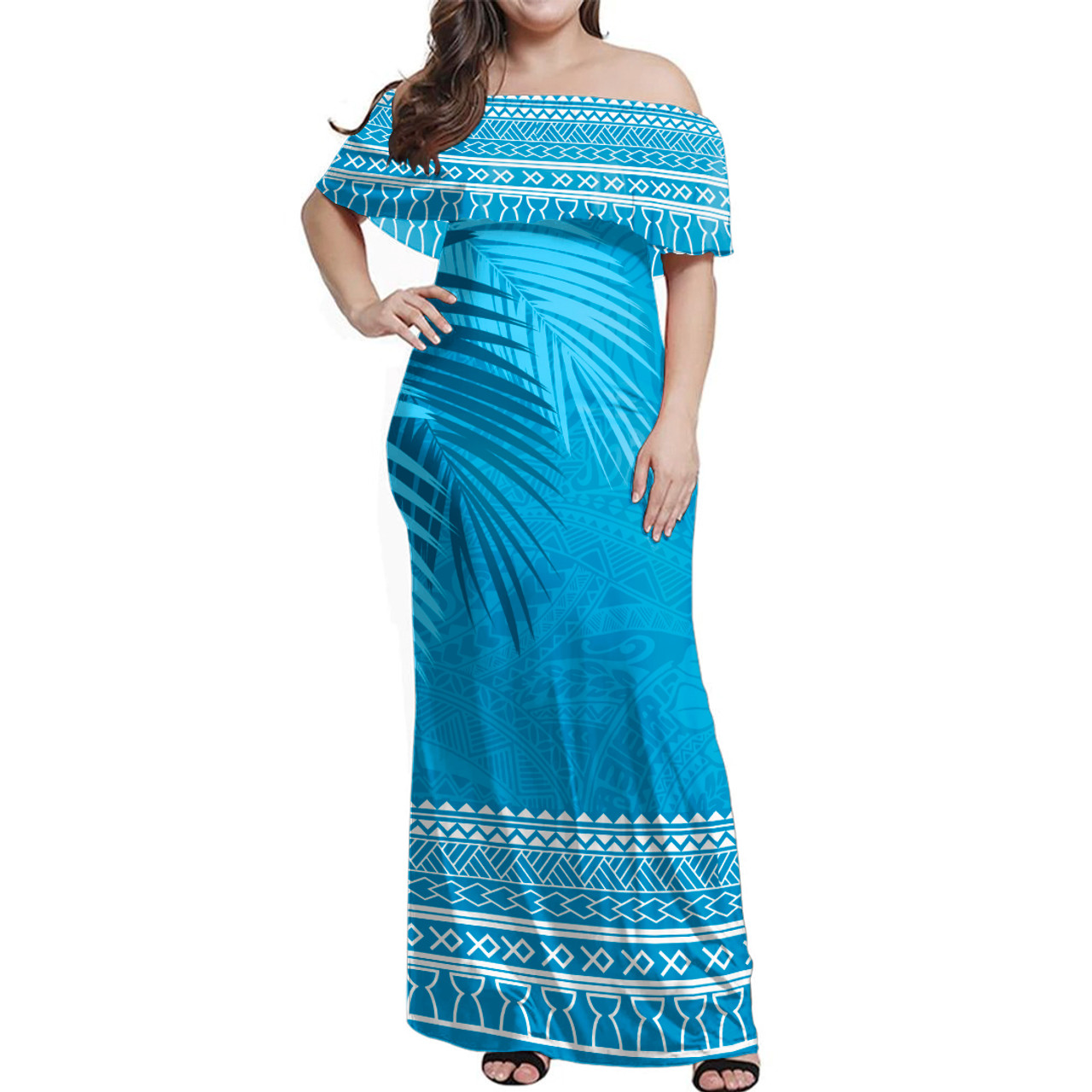 Guam Woman Off Shoulder Long Dress Micronesian Fabric Leaves