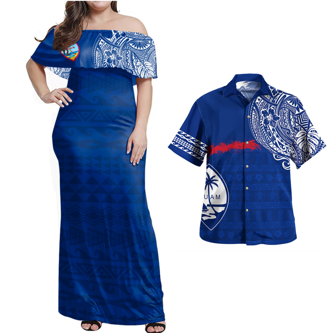 Guam Combo Dress And Shirt Polynesian Flag With Coat Of Arms