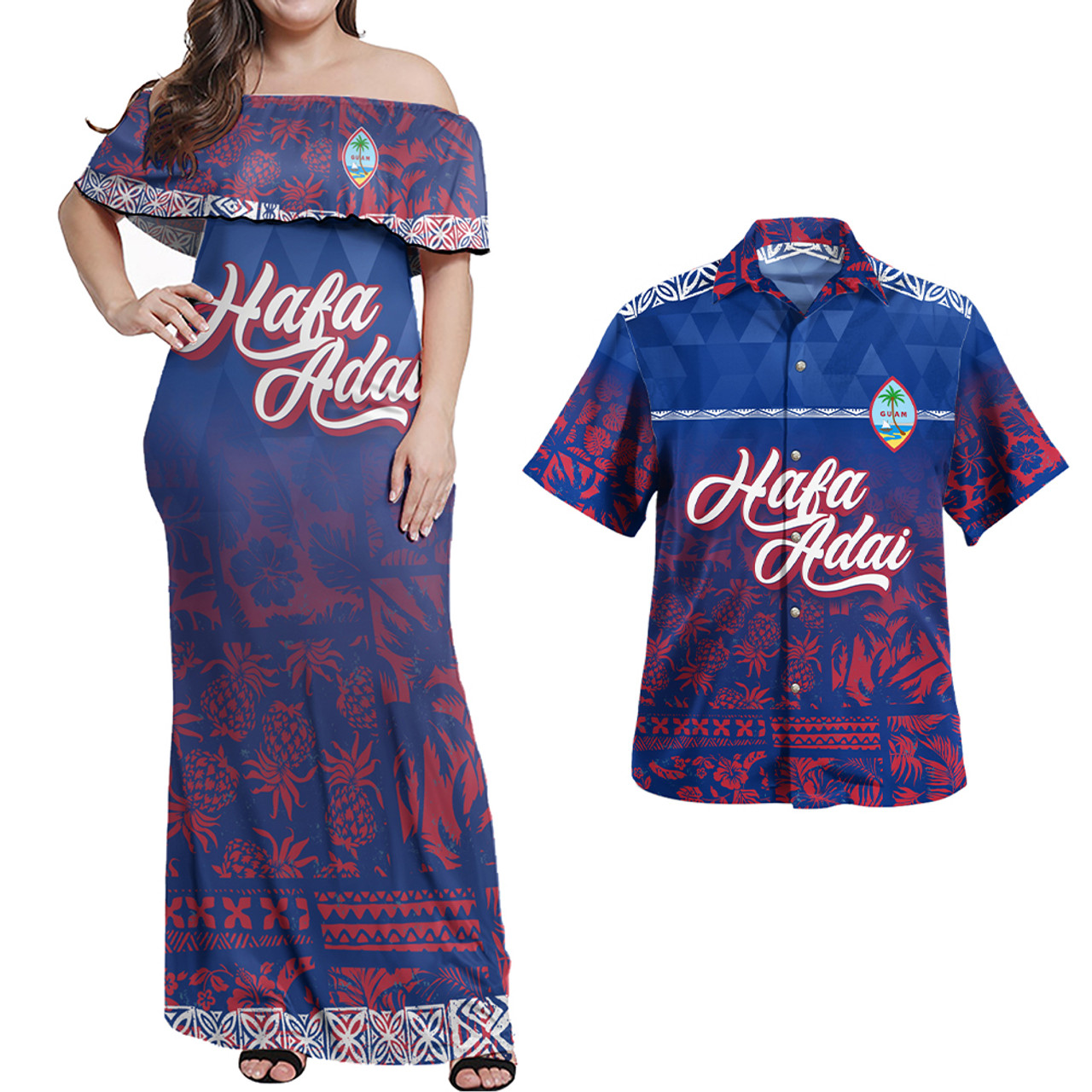 Guam Combo Dress And Shirt Guam Hafa Adai Tropical Pattern