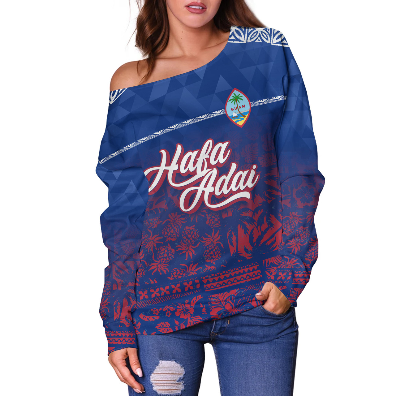 Guam Off Shoulder Sweatshirt Guam Hafa Adai Tropical Pattern