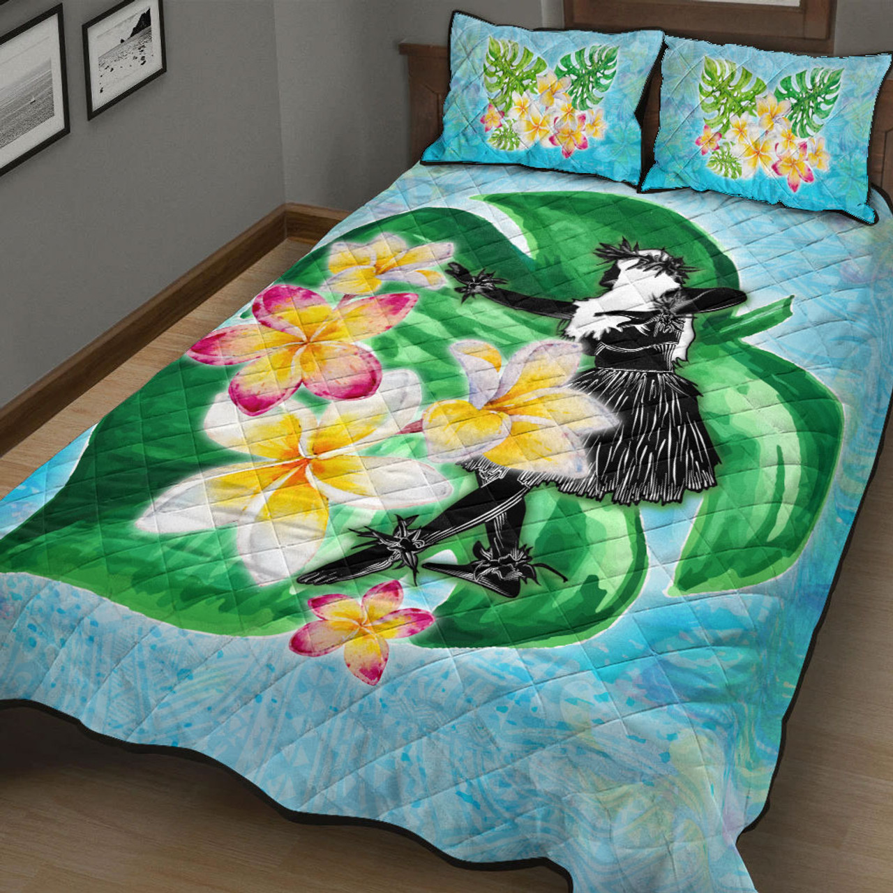 Hawaii Quilt Bed Set Hula Girls With Tropical Flowers Polynesian Style