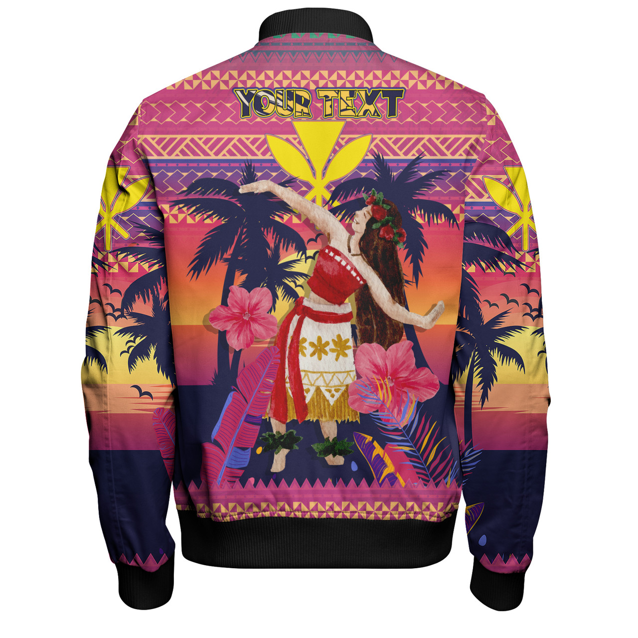 Hawaii Bomber Jacket Custom Aloha Hula Girl Dancing In Tropical Palm Trees At Sunset Kakau Style