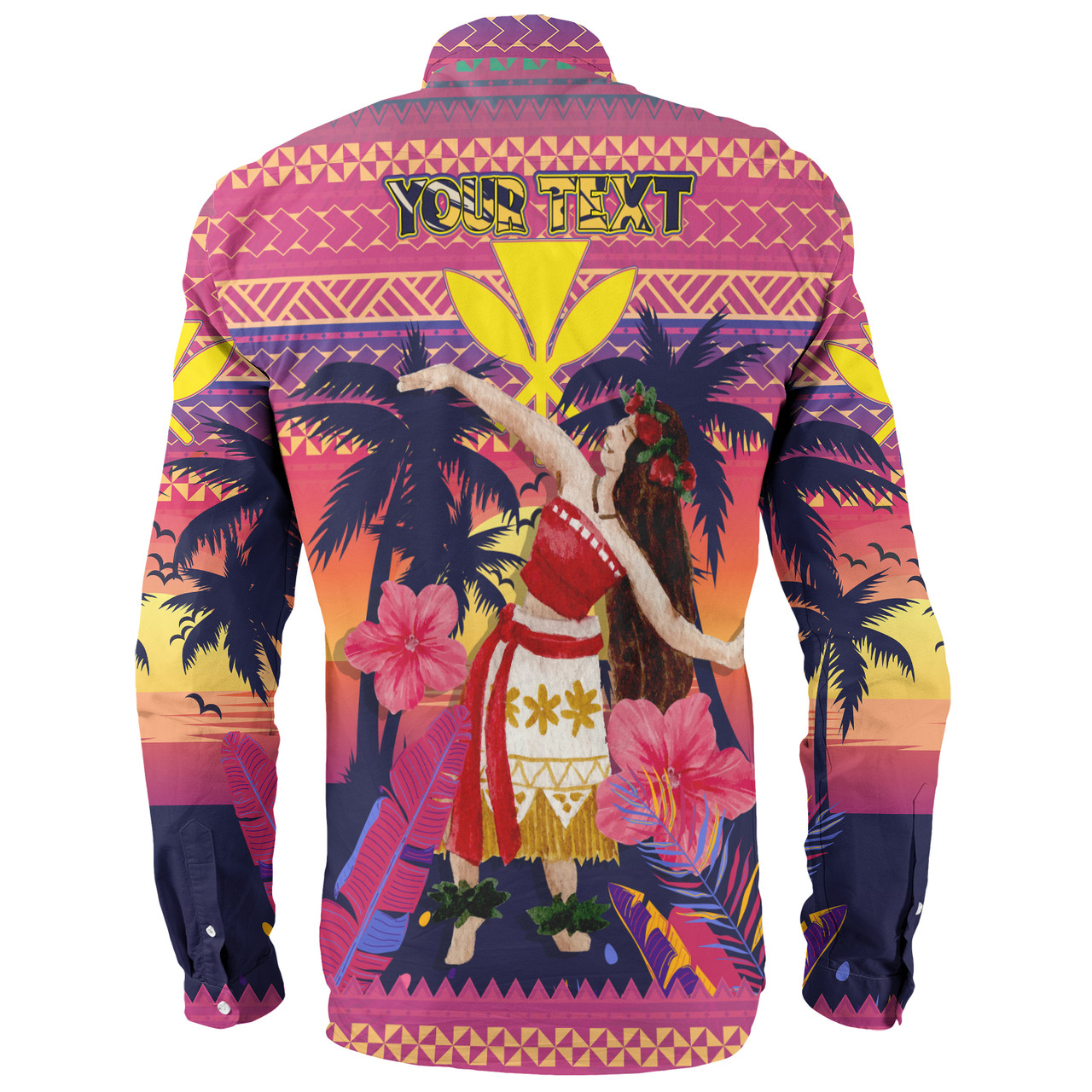 Hawaii Long Sleeve Shirt Custom Aloha Hula Girl Dancing In Tropical Palm Trees At Sunset Kakau Style