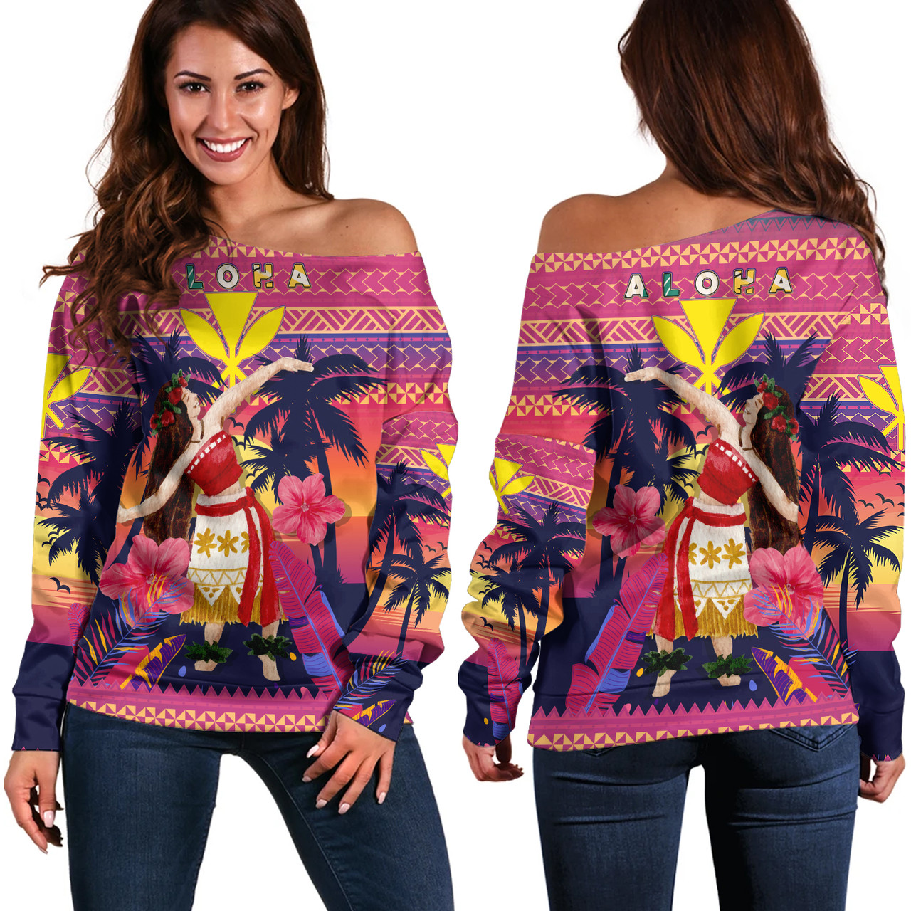 Hawaii Off Shoulder Sweatshirt Custom Aloha Hula Girl Dancing In Tropical Palm Trees At Sunset Kakau Style