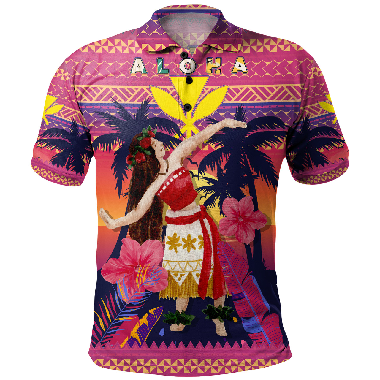 Hawaii Polo Shirt Custom Aloha Hula Girl Dancing In Tropical Palm Trees At Sunset Kakau Style