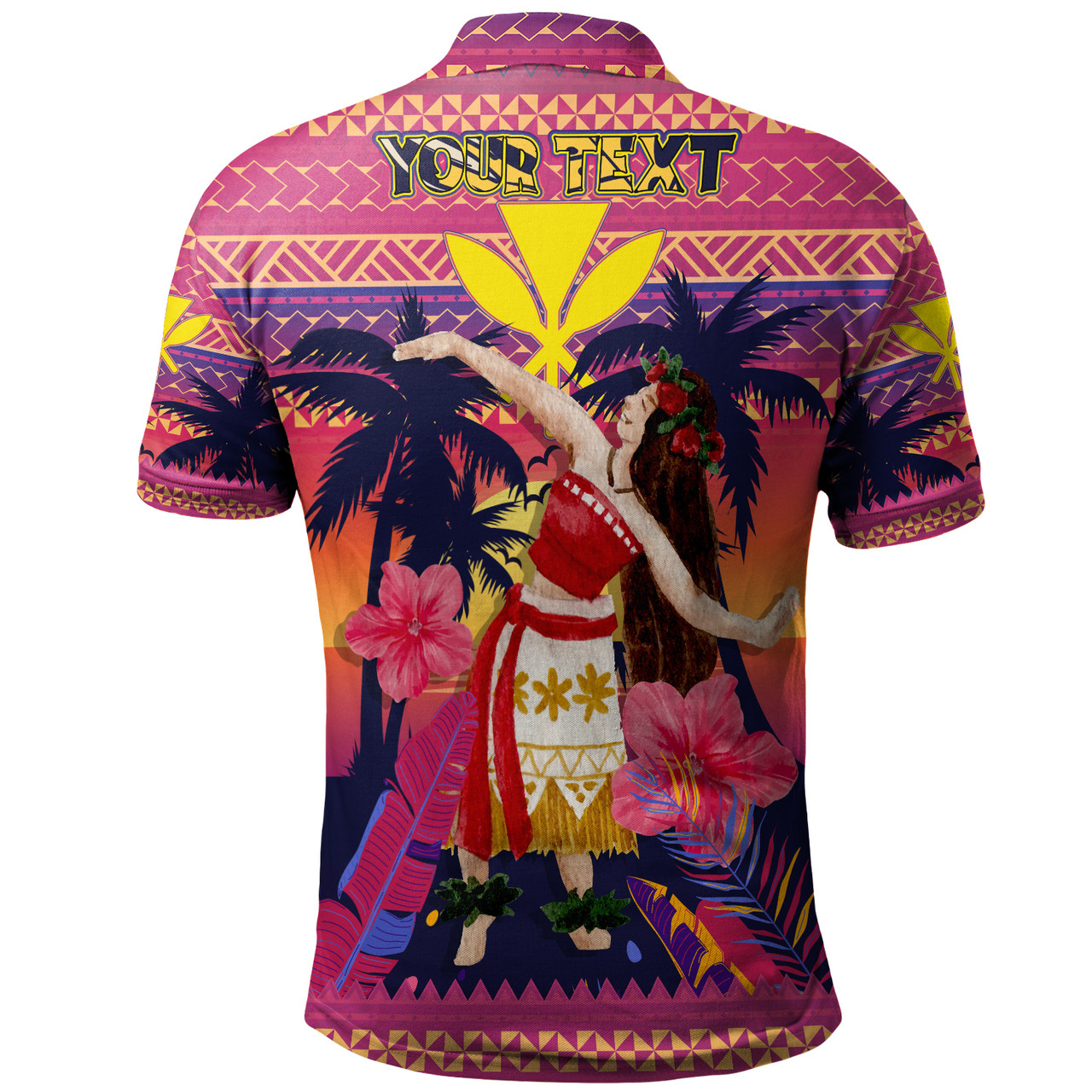 Hawaii Polo Shirt Custom Aloha Hula Girl Dancing In Tropical Palm Trees At Sunset Kakau Style