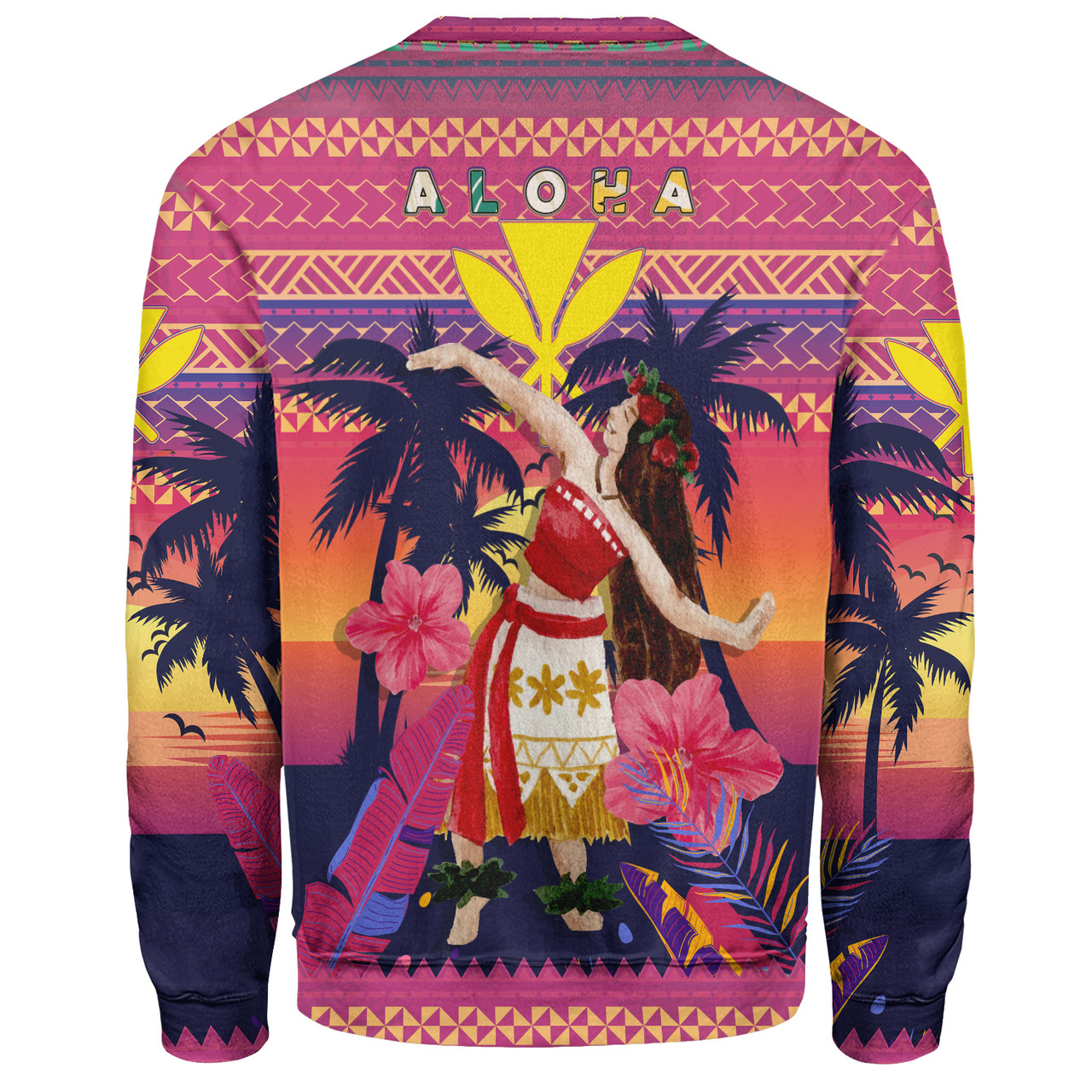 Hawaii Sweatshirt Custom Aloha Hula Girl Dancing In Tropical Palm Trees At Sunset Kakau Style