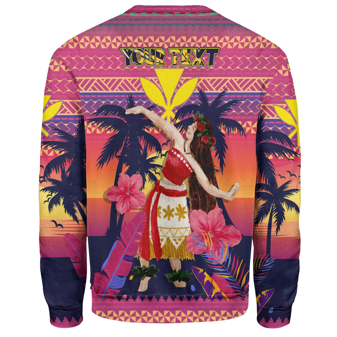 Hawaii Sweatshirt Custom Aloha Hula Girl Dancing In Tropical Palm Trees At Sunset Kakau Style