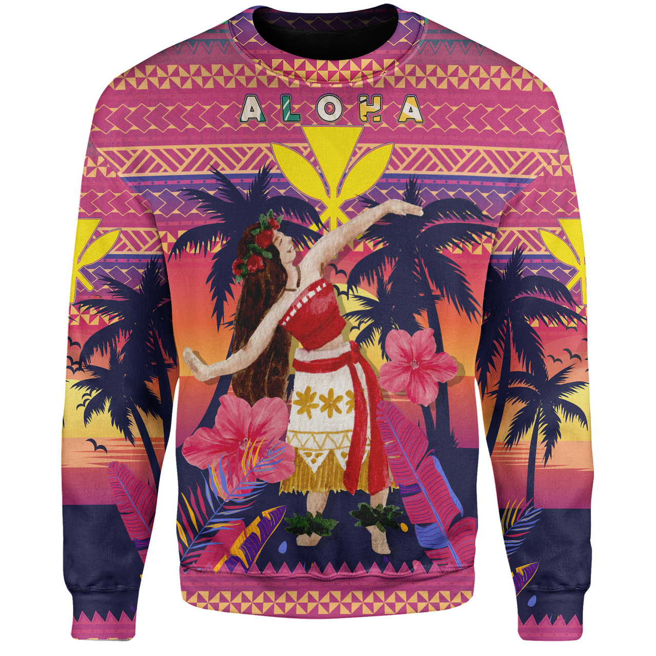 Hawaii Sweatshirt Custom Aloha Hula Girl Dancing In Tropical Palm Trees At Sunset Kakau Style